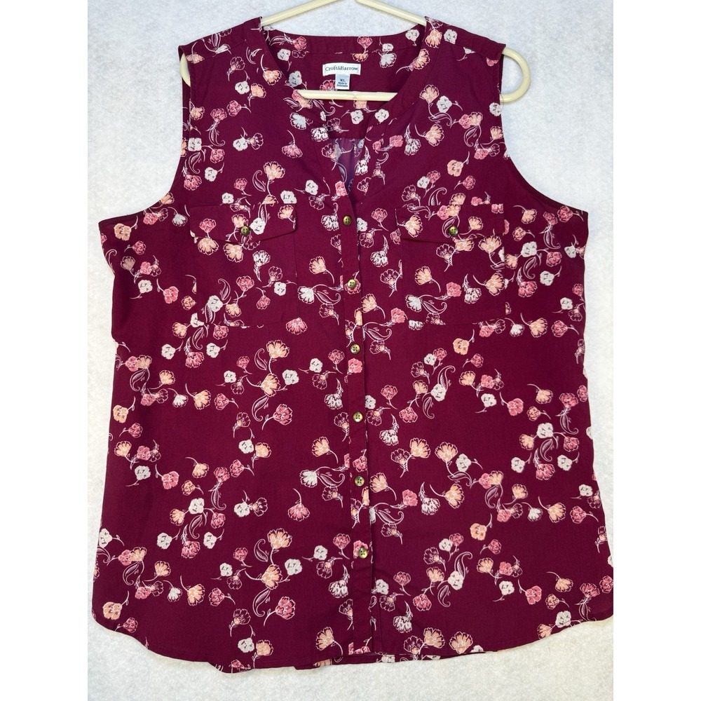 Croft & Barrow Womens XL Sleeveless Floral‎ Button Front Blouse Burgundy